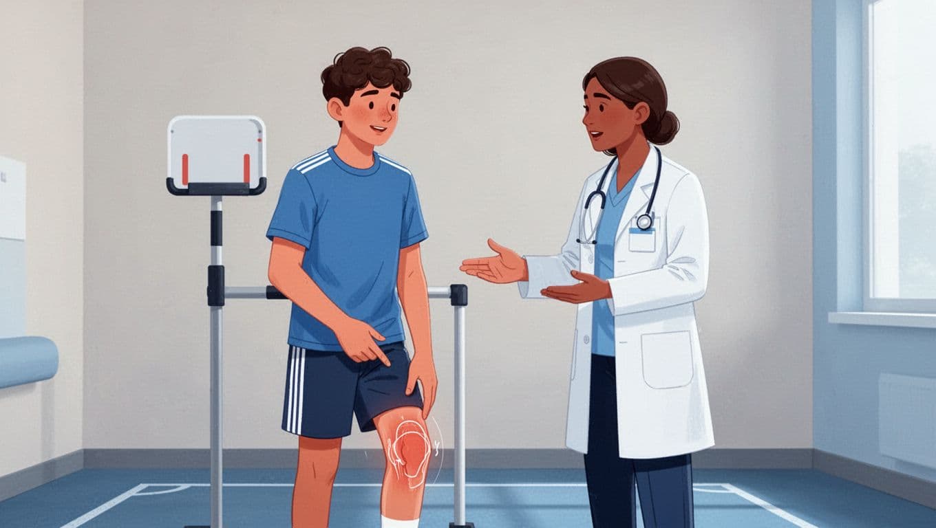 Un adolescent montre la zone sous sa rotule à un professionnel de santé.