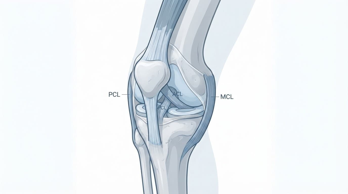 Illustration du genou montrant la rotule, les tendons et les ligaments.