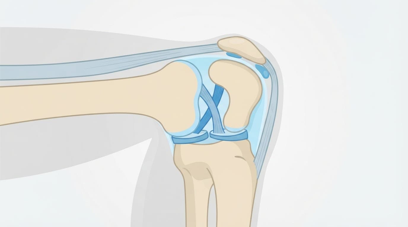 Coupe anatomique d'un genou montrant la rotule, le fémur et le tibia avec des accents bleus.