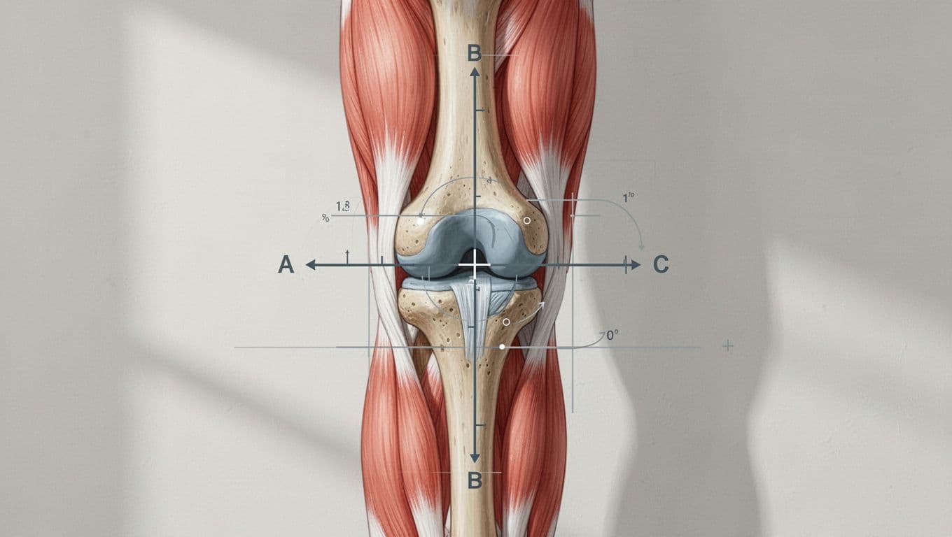 Illustration d'un genou humain avec muscles et axes d'alignement sur fond clair.