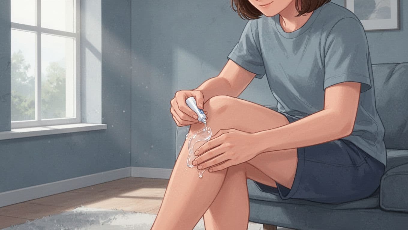 Une personne applique un gel transparent sur son genou dans un intérieur bleu apaisant.