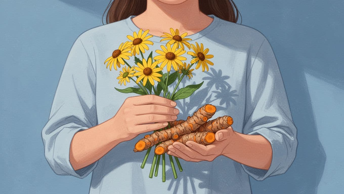 Une personne entourée de fleurs d'arnica et de racines de curcuma sur fond bleu.