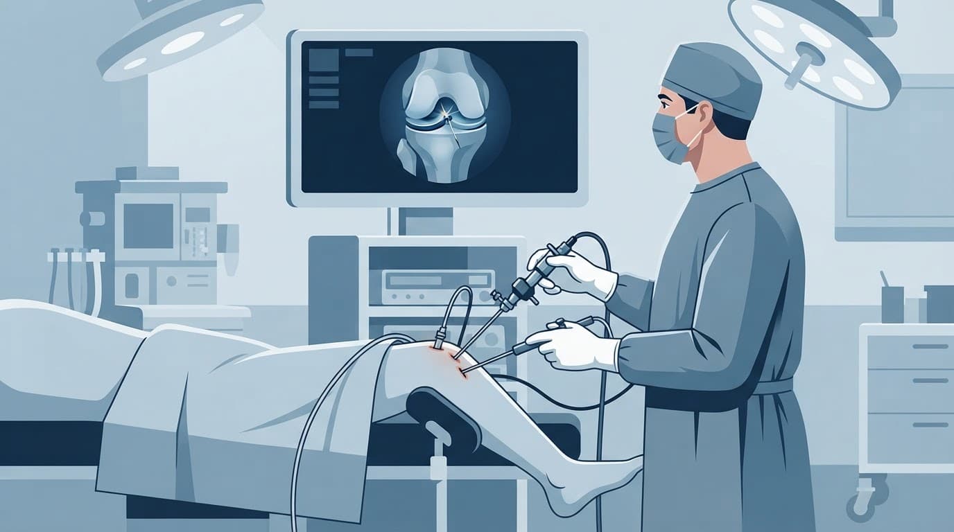 Un chirurgien réalise une arthroscopie du genou dans une salle médicale bleu ardoise.