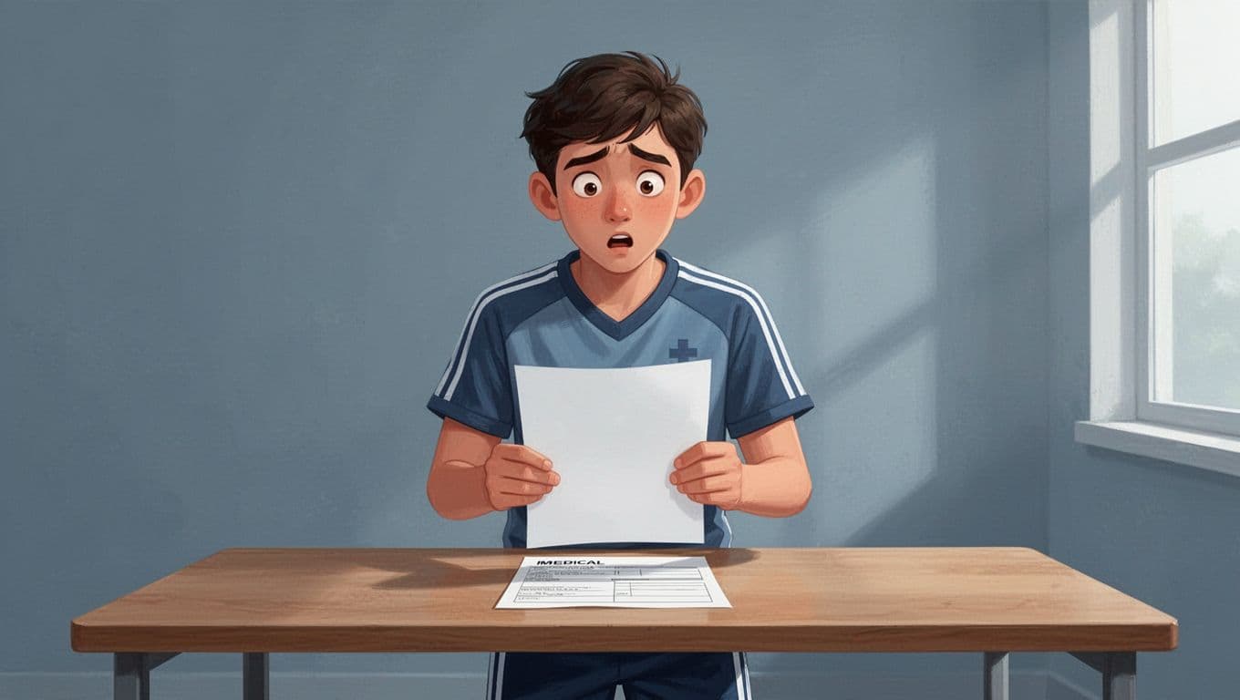 Une jeune athlète perplexe examine une ordonnance médicale posée sur un bureau.