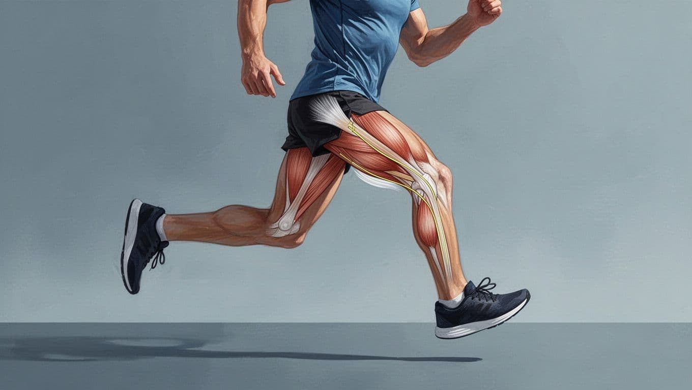 Vue latérale de la cuisse d'un coureur avec la bandelette ilio-tibiale jusqu'au genou.