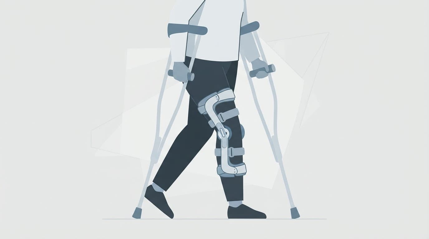 Des béquilles et une genouillère stabilisatrice illustrent un appui pour marcher après une blessure au genou.