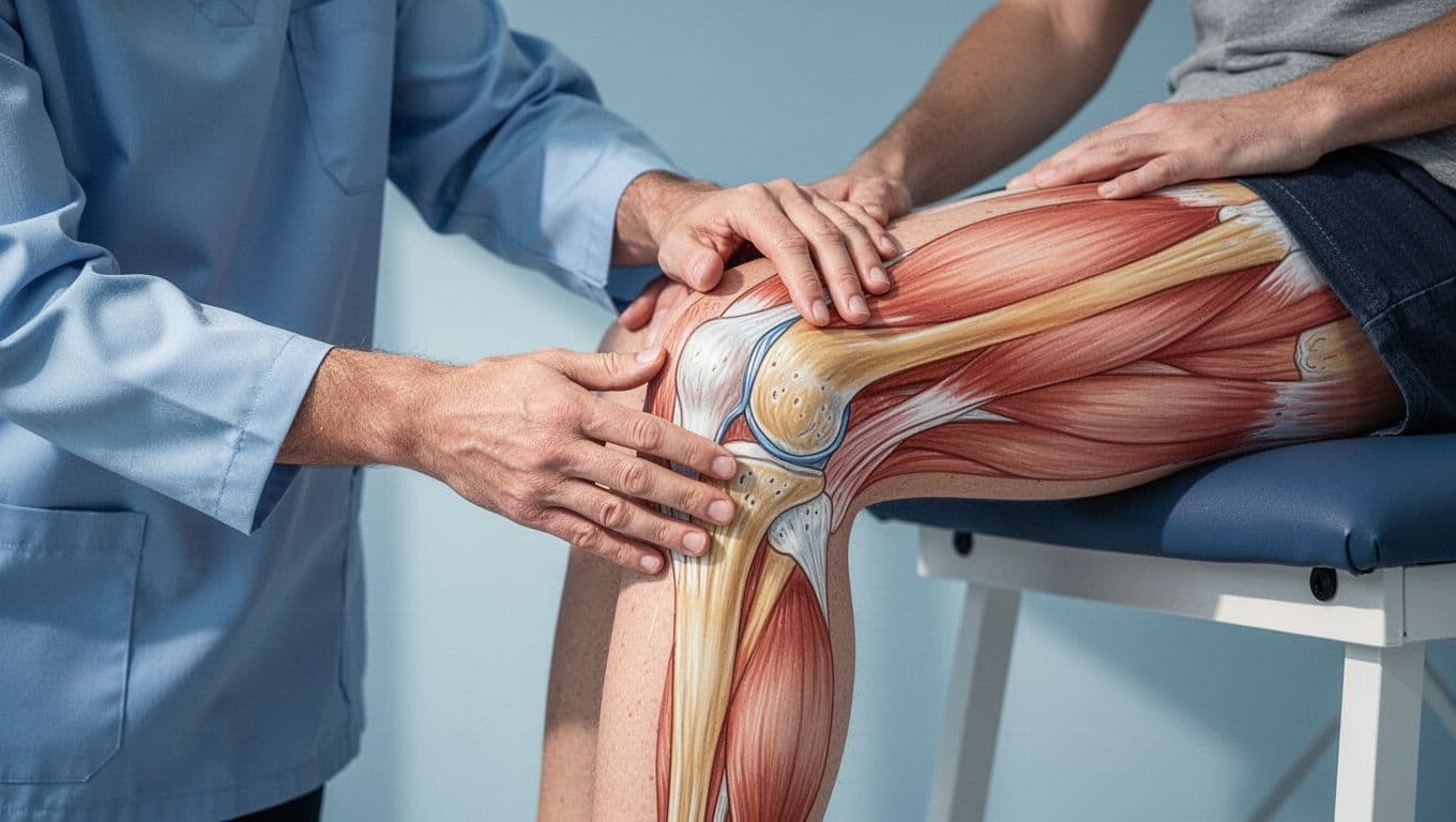 Illustration bleutée d'un genou examiné pour une fissure du ménisque.