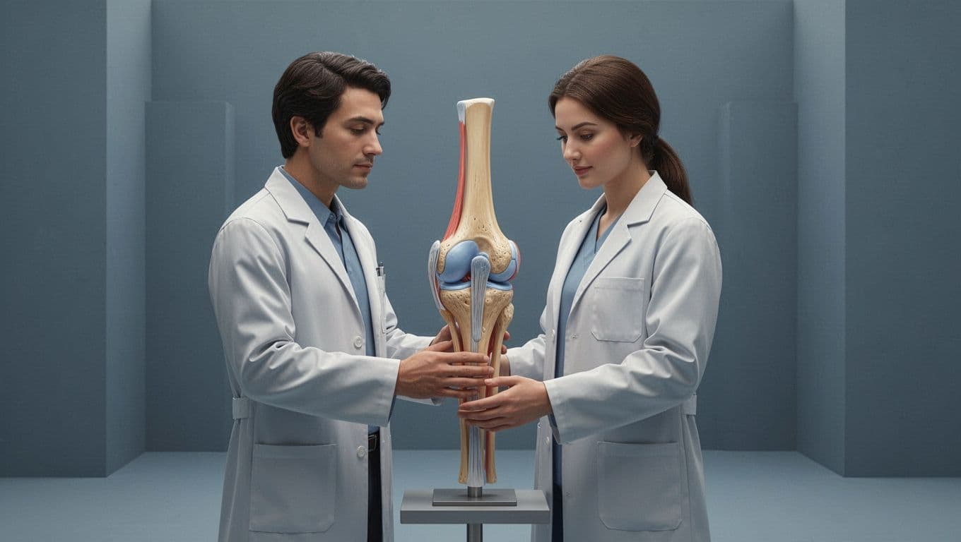 Une professionnelle examine un schéma du cartilage du genou en bleu ardoise.