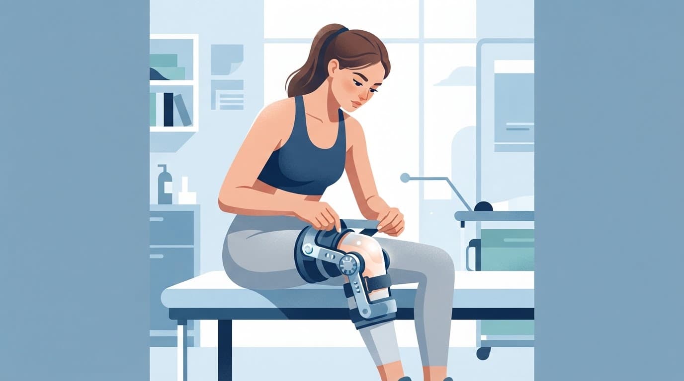 Une personne choisit et ajuste correctement une genouillère ligamentaire.