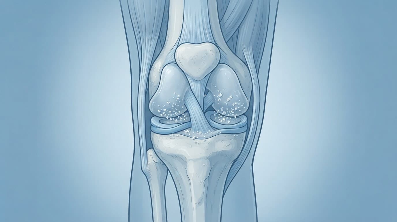 Un genou humain montre du cartilage et de petits cristaux de calcium dans l'articulation.