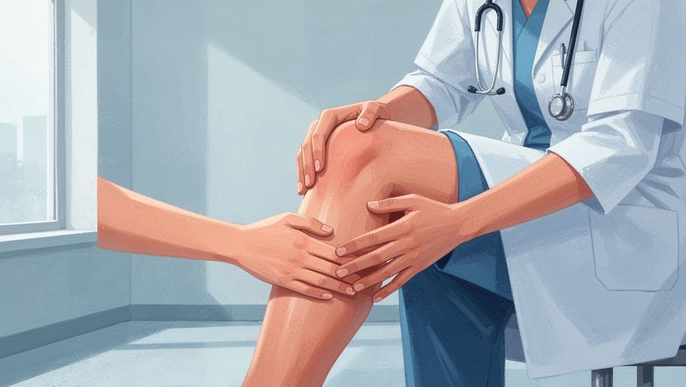 Une personne examine son genou dans une illustration aux formes bleues.