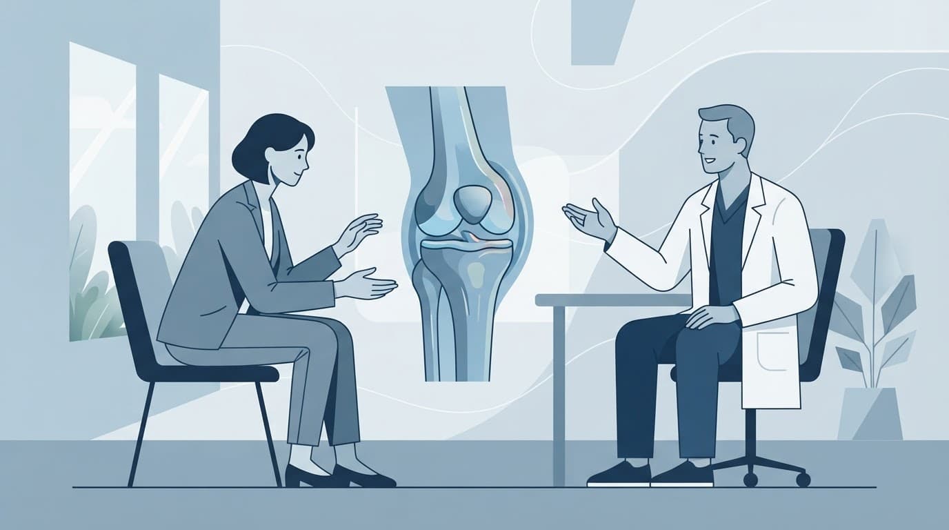 Une personne consulte un médecin au sujet du genou dans une clinique épurée.