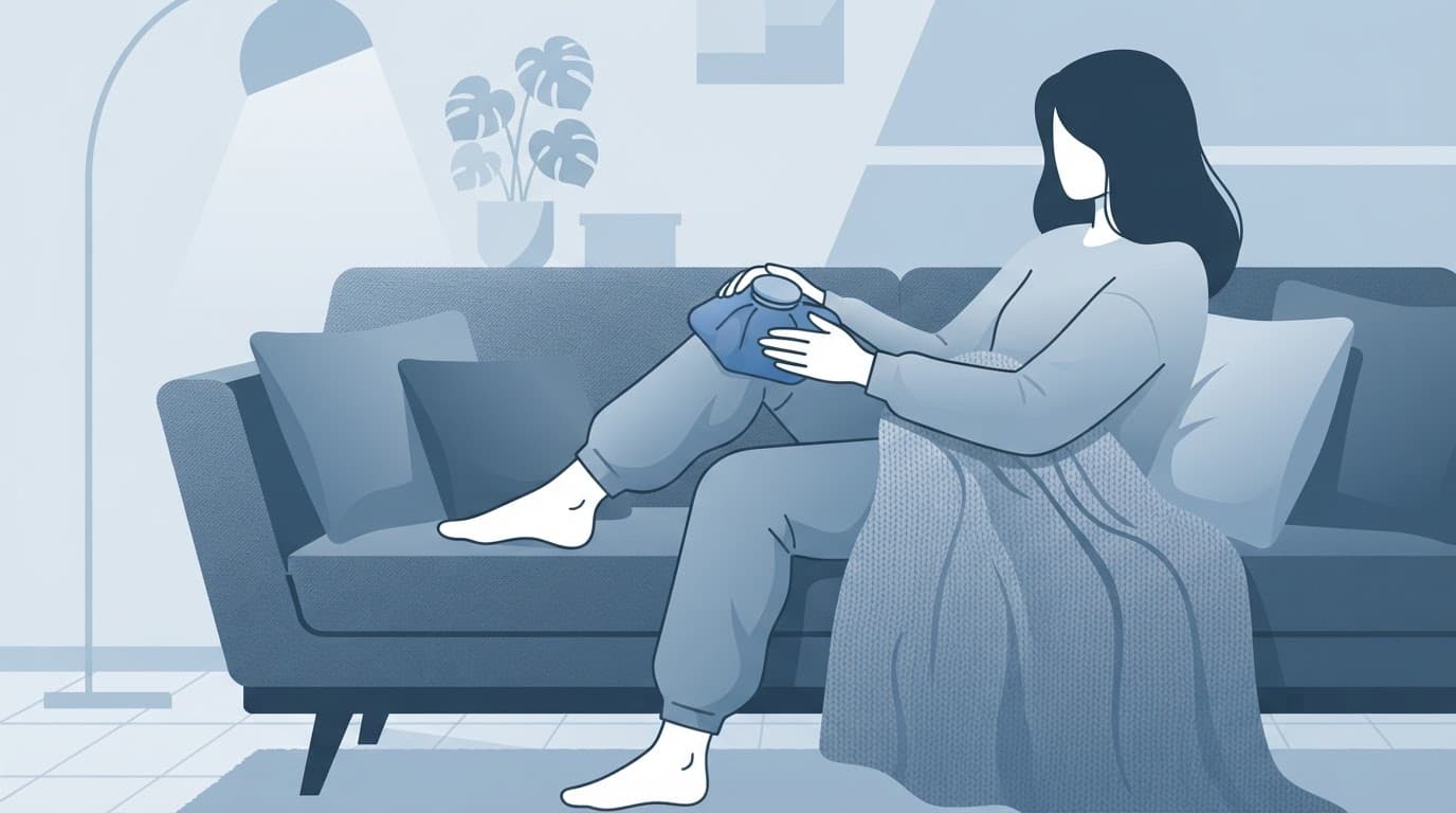 Une personne assise sur un canapé applique une compresse froide sur son genou.