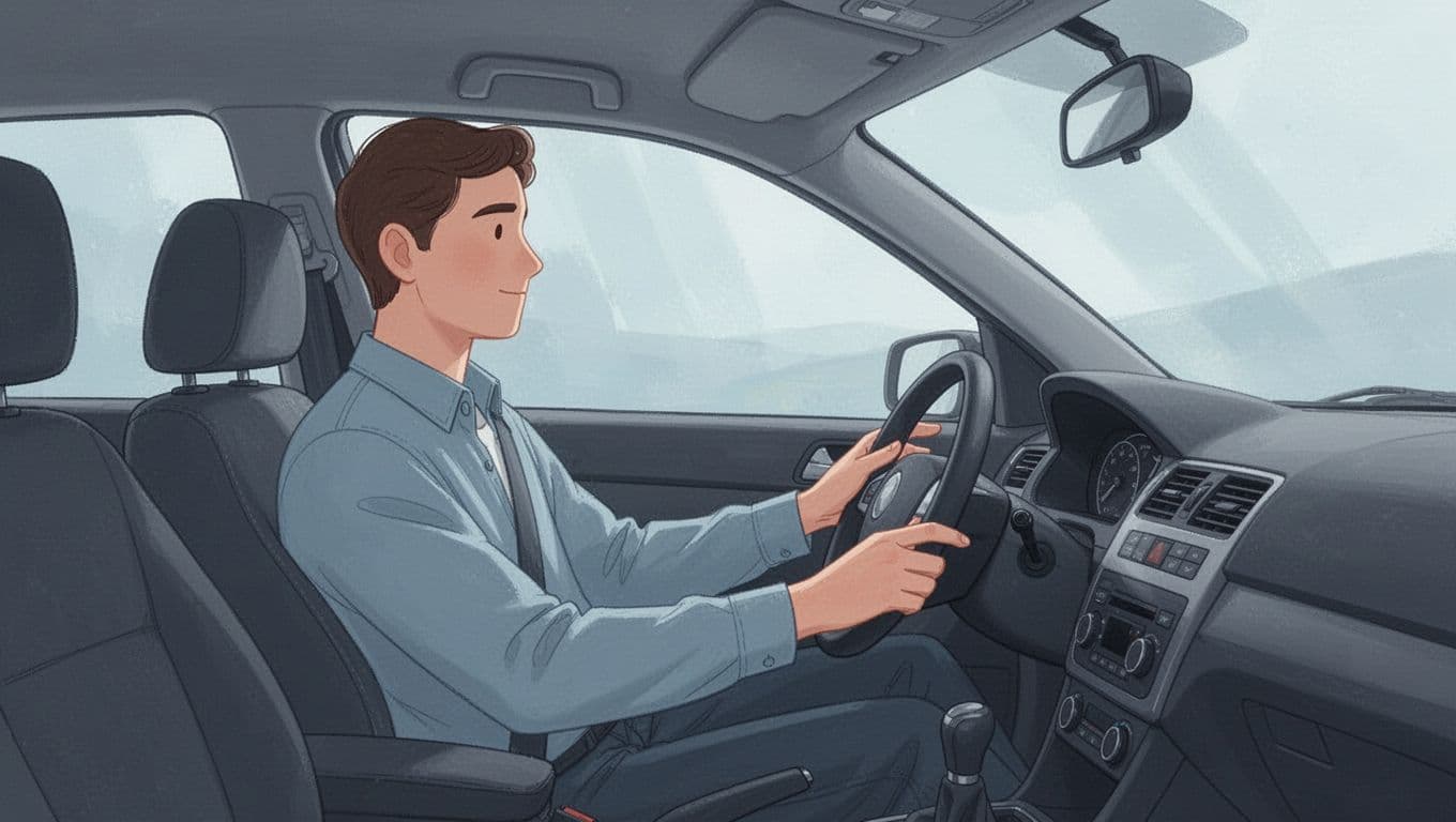 Un conducteur tient le volant à deux mains dans un habitacle bleu ardoise.