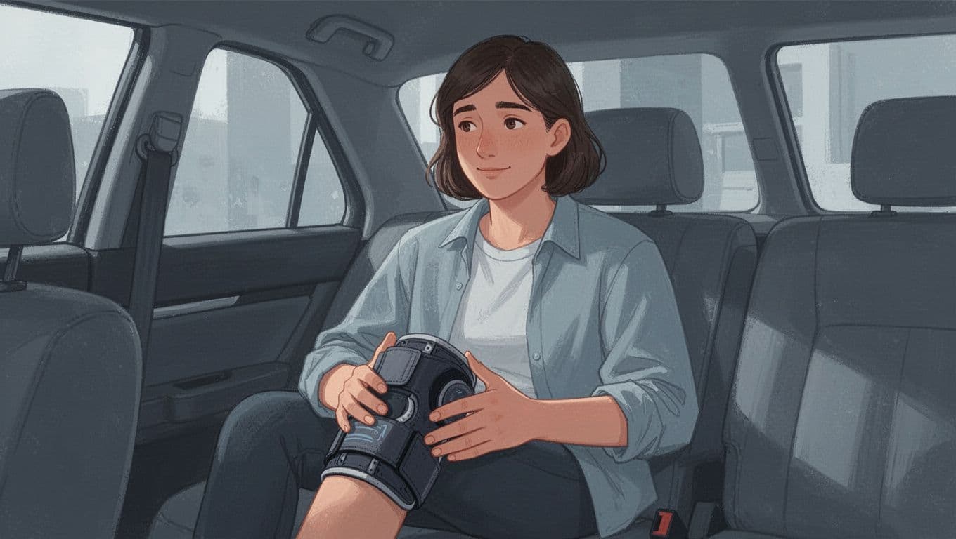 Une personne assise en voiture tient une genouillère.