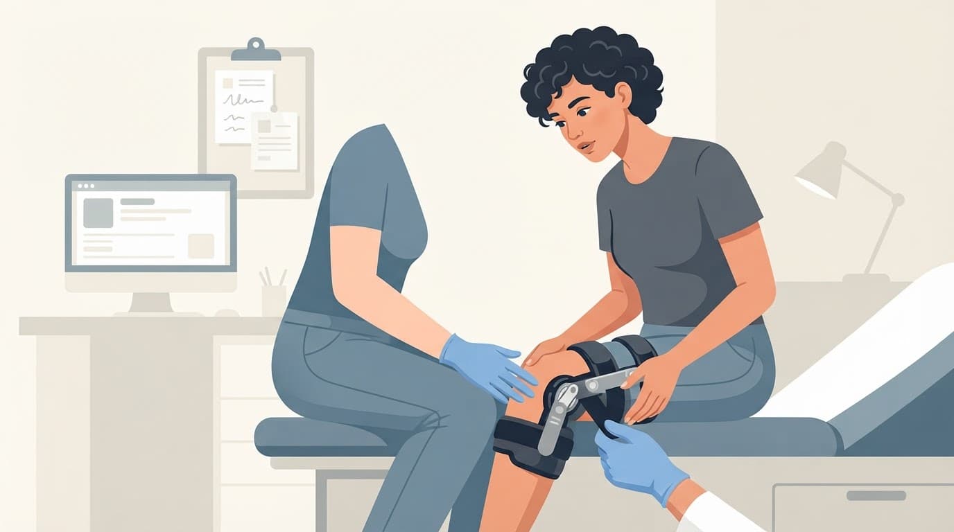 Une personne assise montre une attelle de genou dans une scène médicale bleutée.