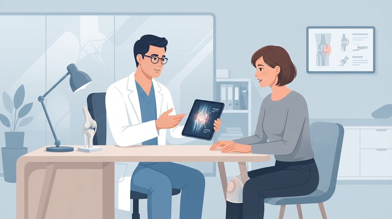 Une patiente discute d'une chirurgie du genou avec un orthopédiste.
