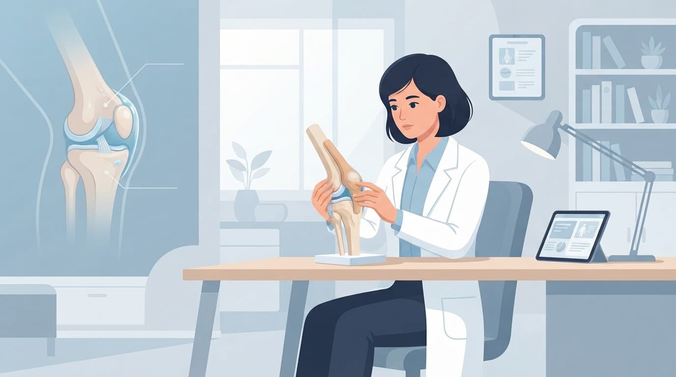 Un médecin examine un modèle anatomique du genou dans un espace médical bleu.