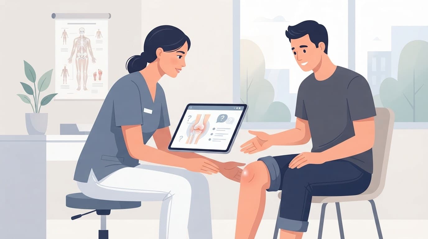 Une médecin consulte une patiente assise au sujet d'une douleur au genou.