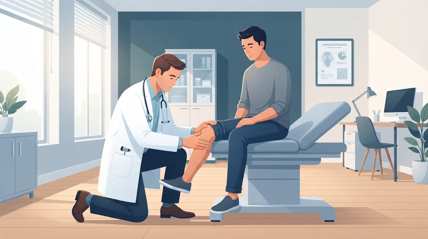 Un médecin examine le genou d'un patient assis sur une table d'examen.