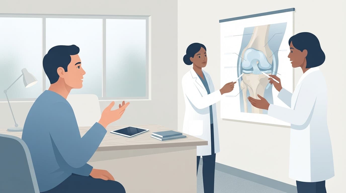 Une personne discute du genou avec un professionnel de santé devant des schémas anatomiques.