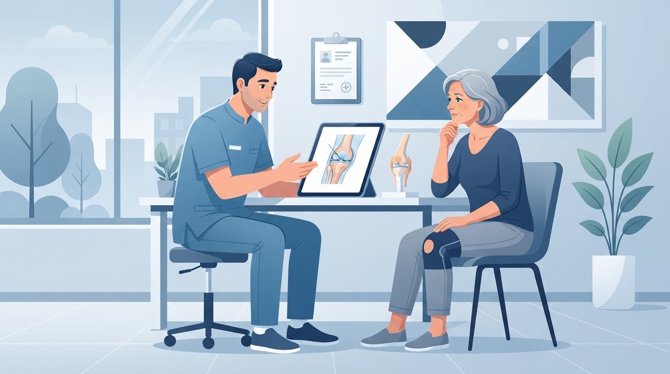 Un médecin échange avec un patient au sujet d'une opération du genou dans un cabinet lumineux.