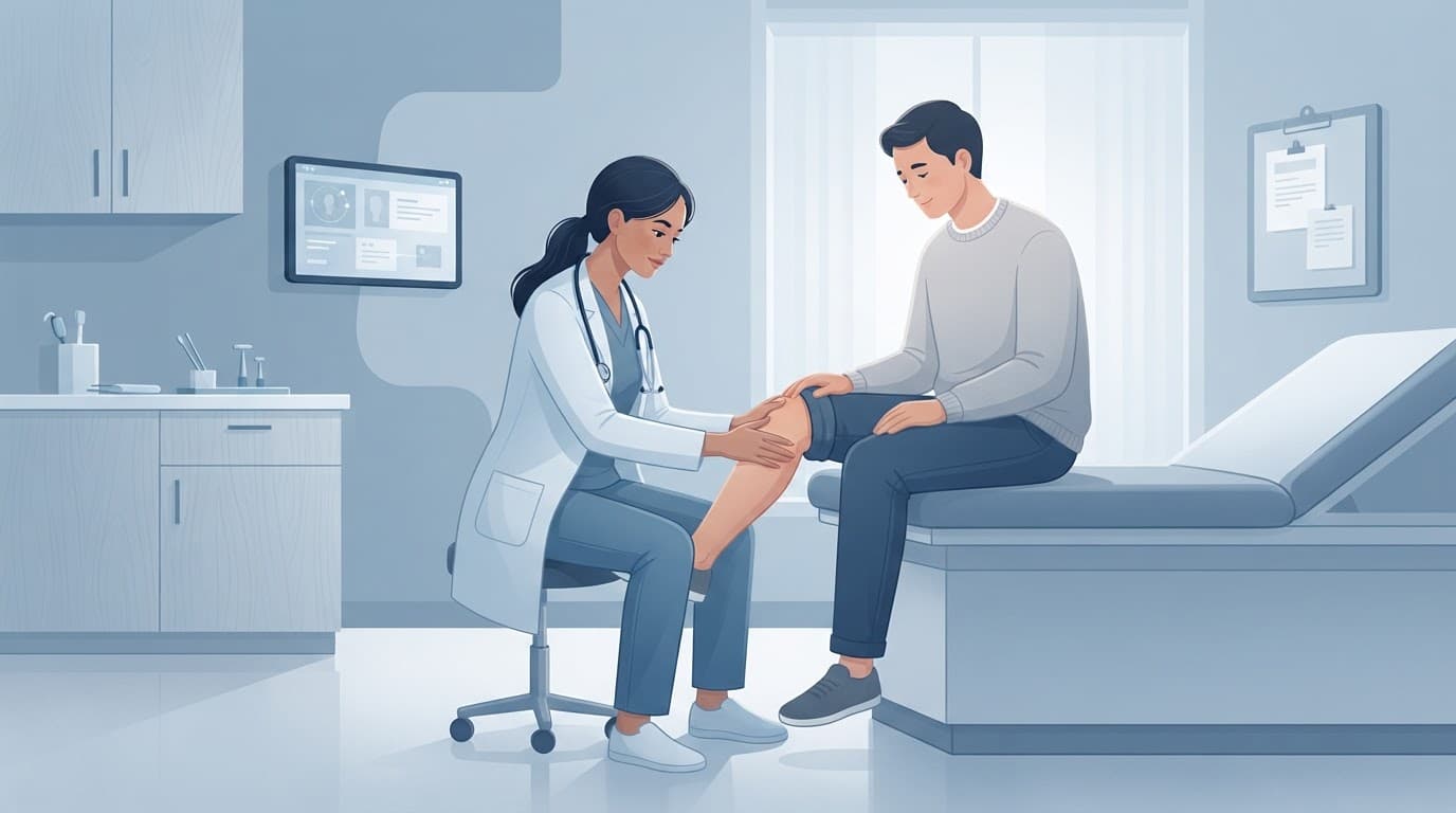Un médecin examine doucement le genou d'un patient dans une clinique moderne.