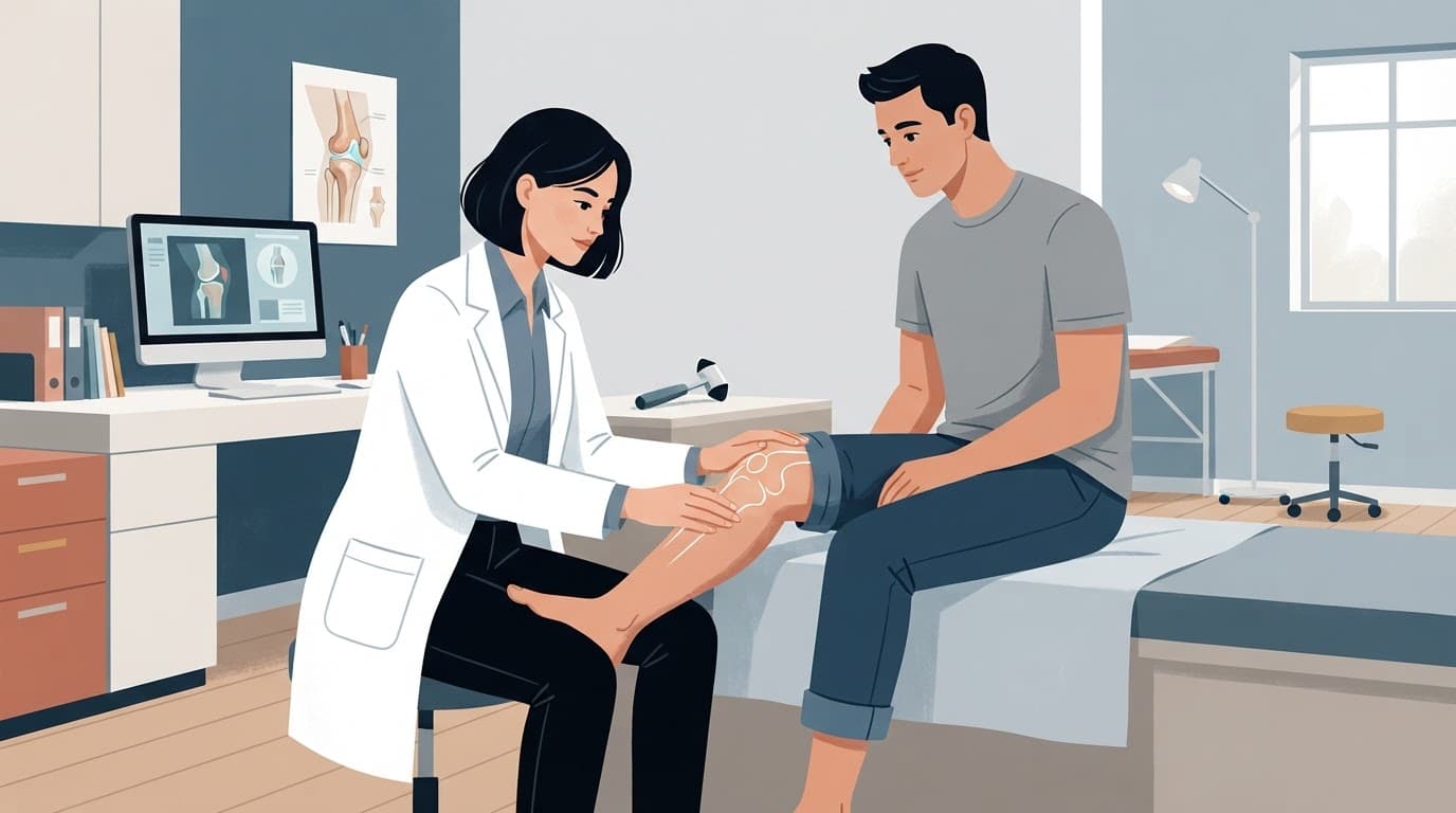Un médecin examine le genou d'un patient en consultation.