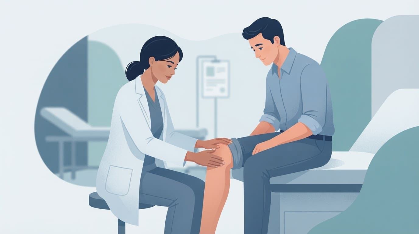 Un médecin montre le genou douloureux d'un patient.