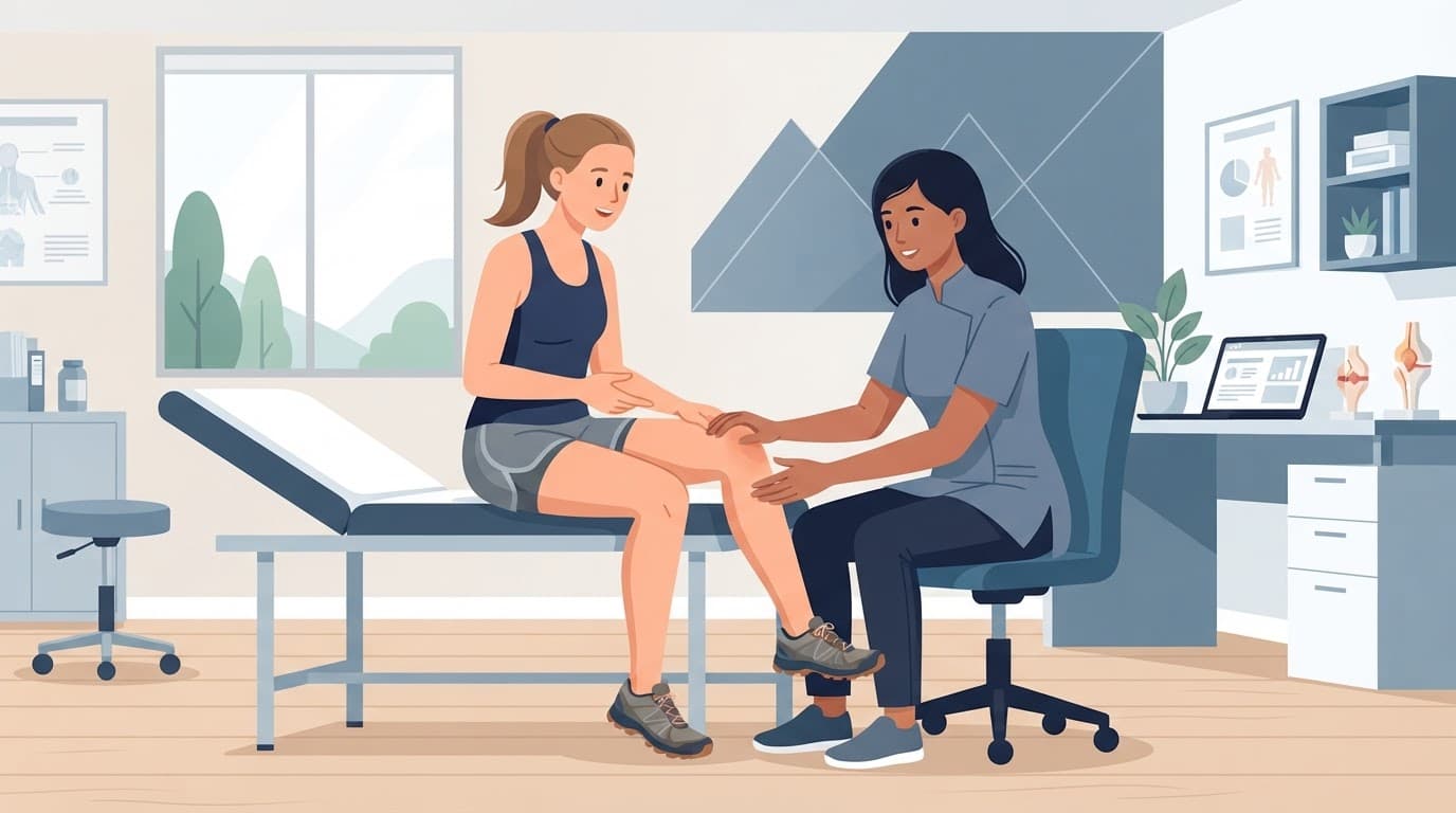 Un coureur montre son genou à un professionnel de santé dans un cabinet lumineux.