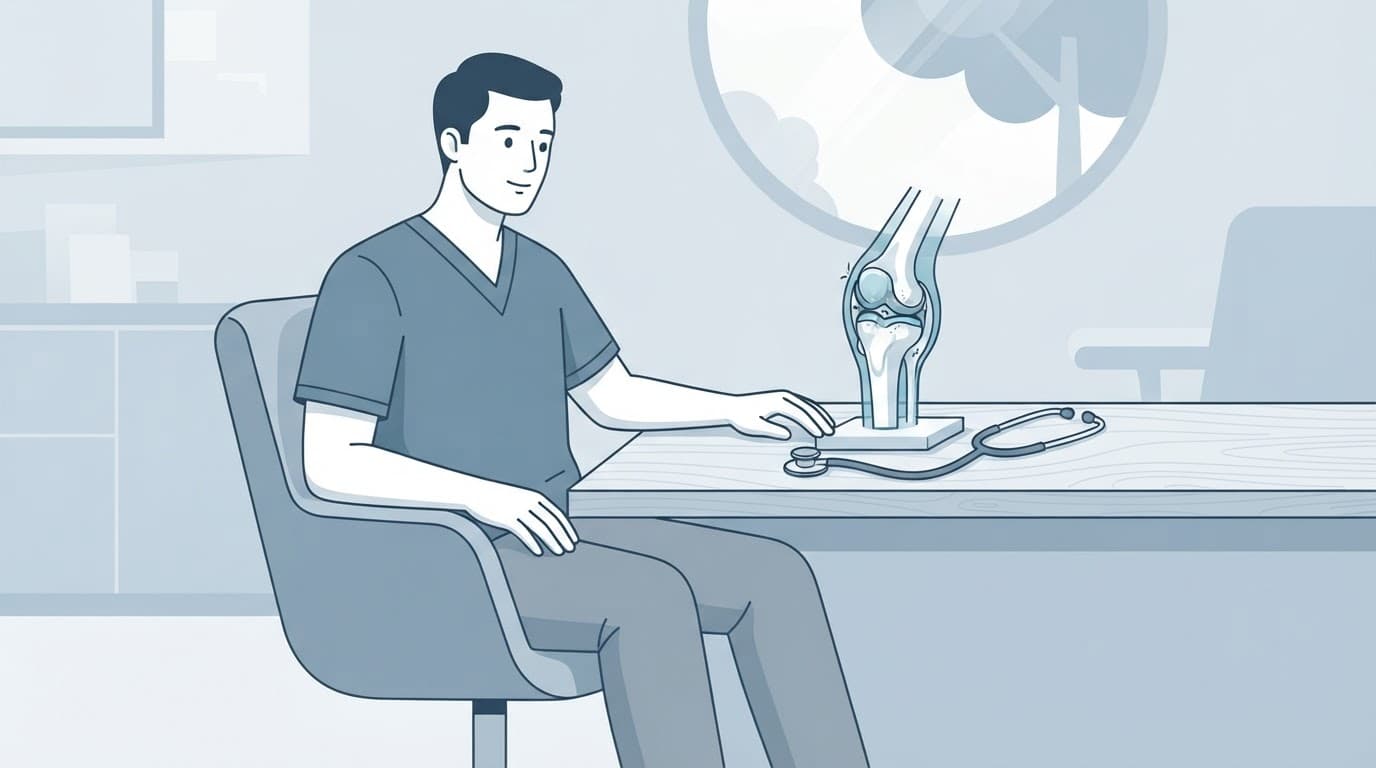Une personne examine un genou avec un schéma anatomique et un stéthoscope sur un bureau bleu ardoise.