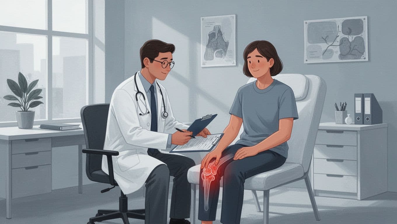 Un médecin échange avec un patient assis au sujet d'un problème au genou.