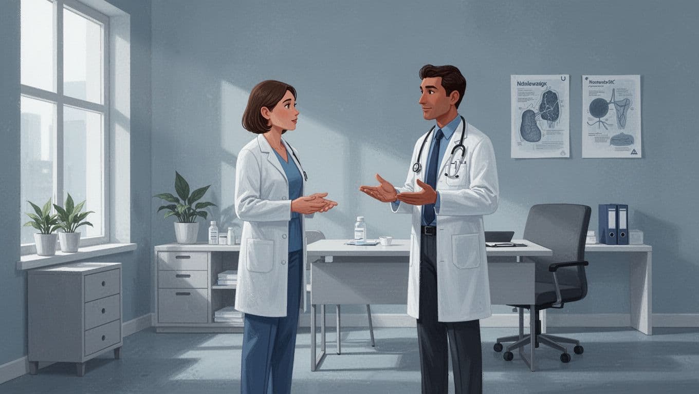 Une personne parle avec un médecin dans un cabinet médical bleu ardoise.