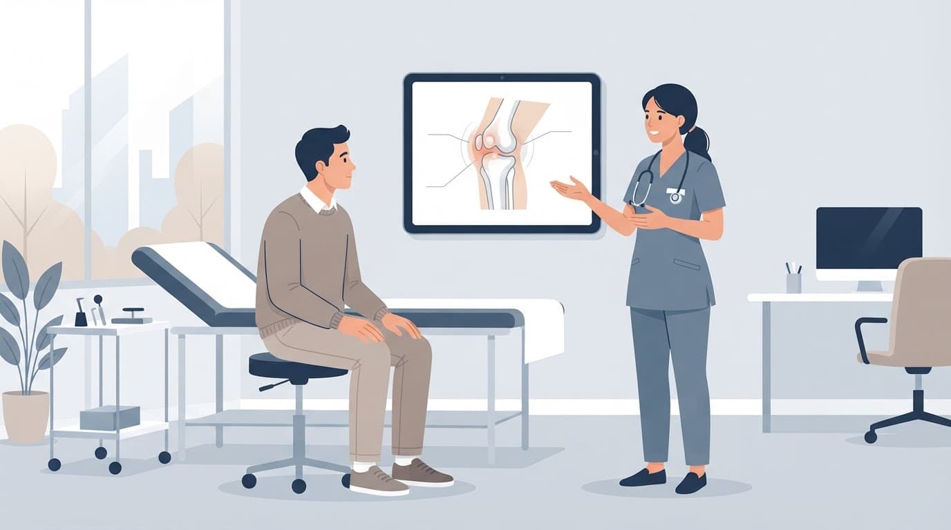 Un médecin debout échange avec une patiente assise dans un cabinet aux tons bleu ardoise.