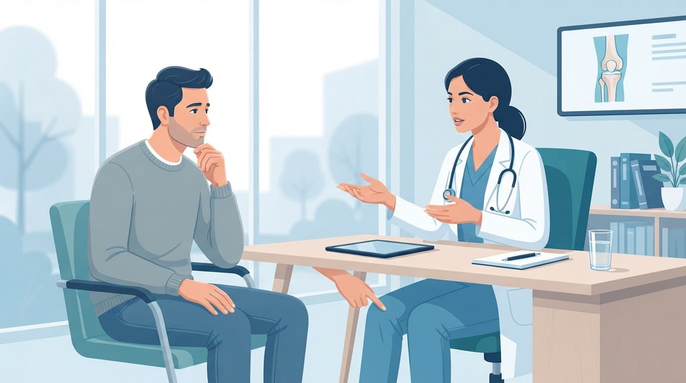 Un médecin échange avec une patiente assise dans un cabinet médical lumineux.