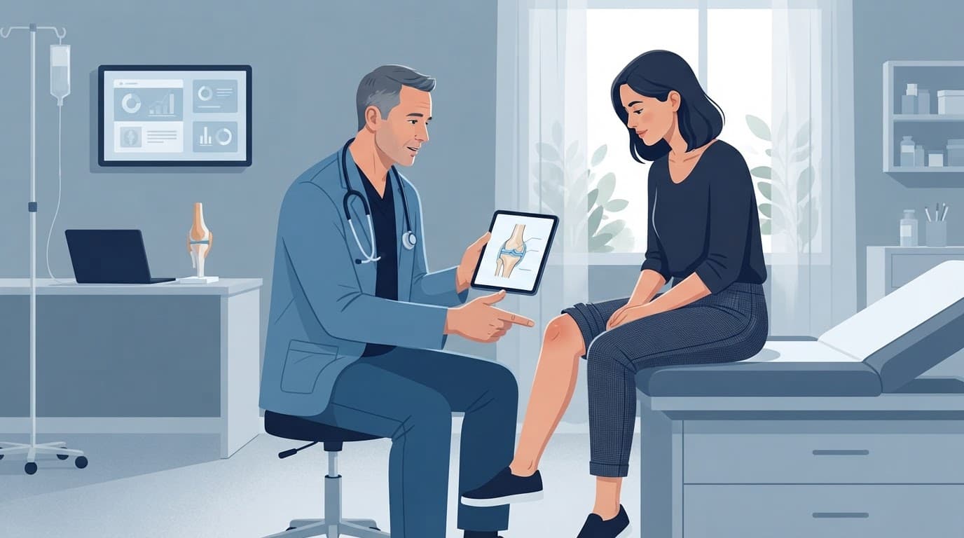 Un médecin explique des symptômes du genou à une personne assise.