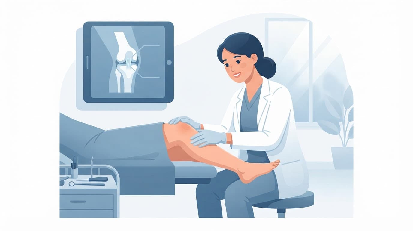 Une médecin examine une illustration de l'articulation du genou.