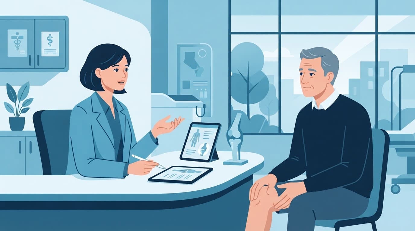 Une médecin échange avec une patiente autour d'une illustration du genou.