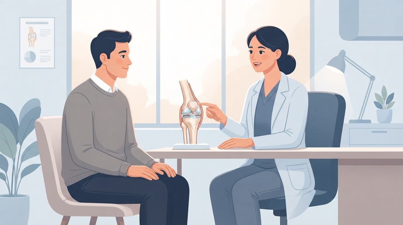Une médecin montre un modèle de genou à une patiente dans un cabinet.