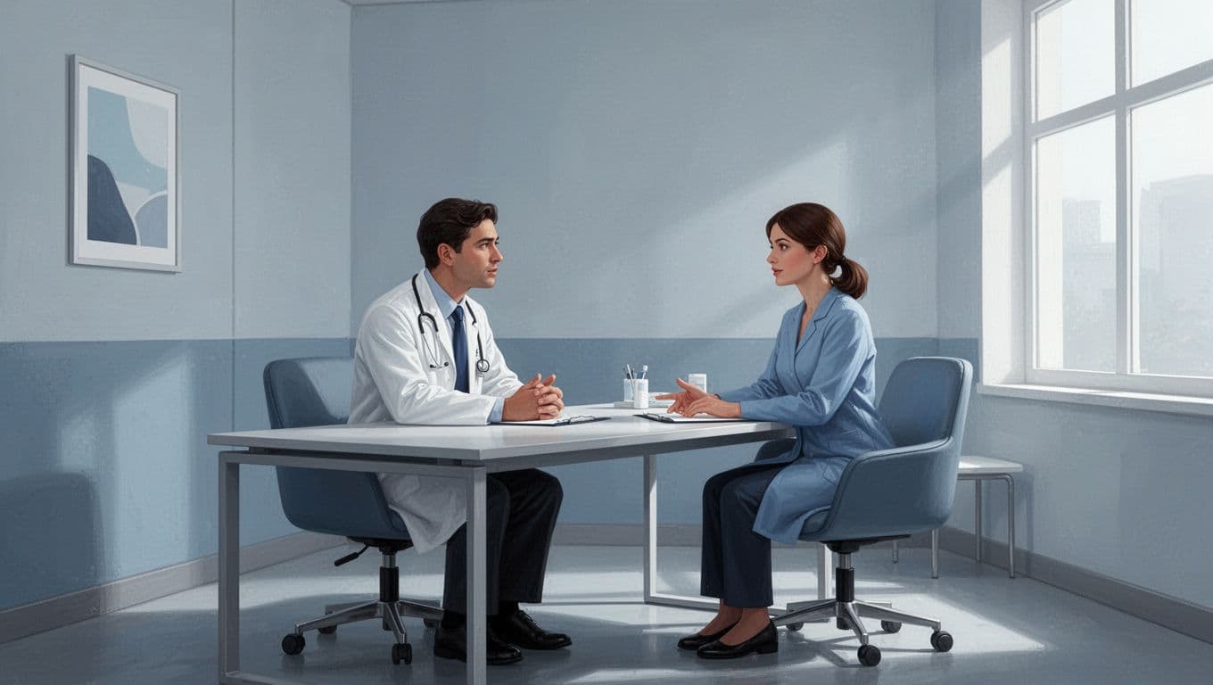 Un médecin échange avec une patiente dans une salle de consultation moderne.