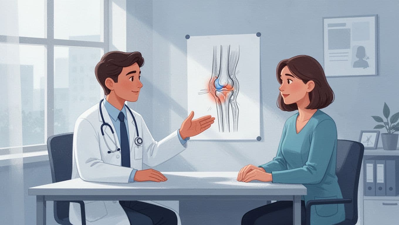 Un médecin explique l'anatomie du genou à un patient dans un cabinet.