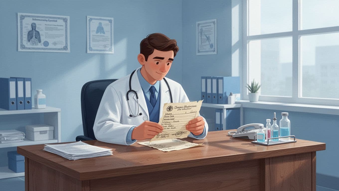 Un médecin examine une ancienne ordonnance sur un bureau en bois.