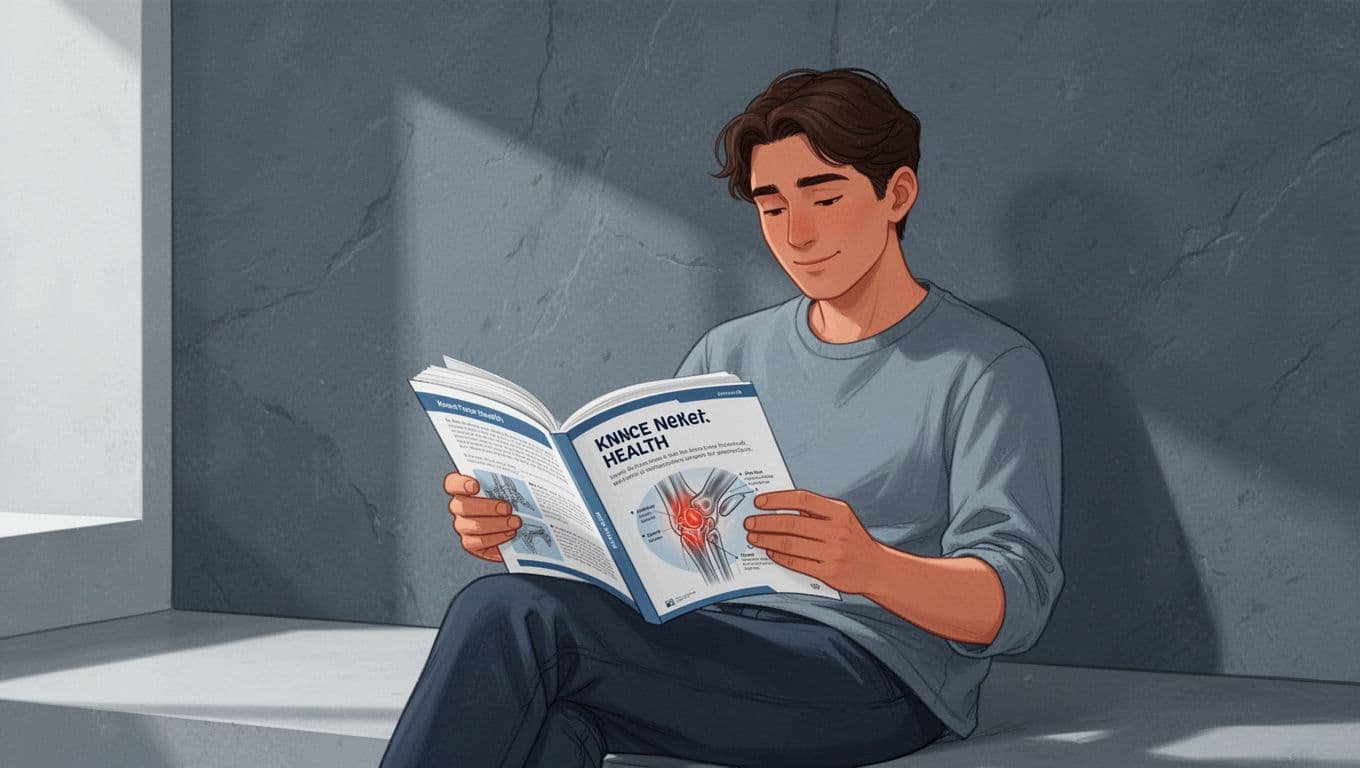 Une personne lit un guide sur la santé du genou dans une illustration bleue.