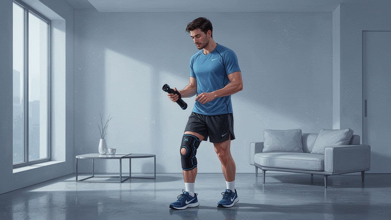 Un coureur examine une genouillère dans une pièce moderne aux tons bleu froid.