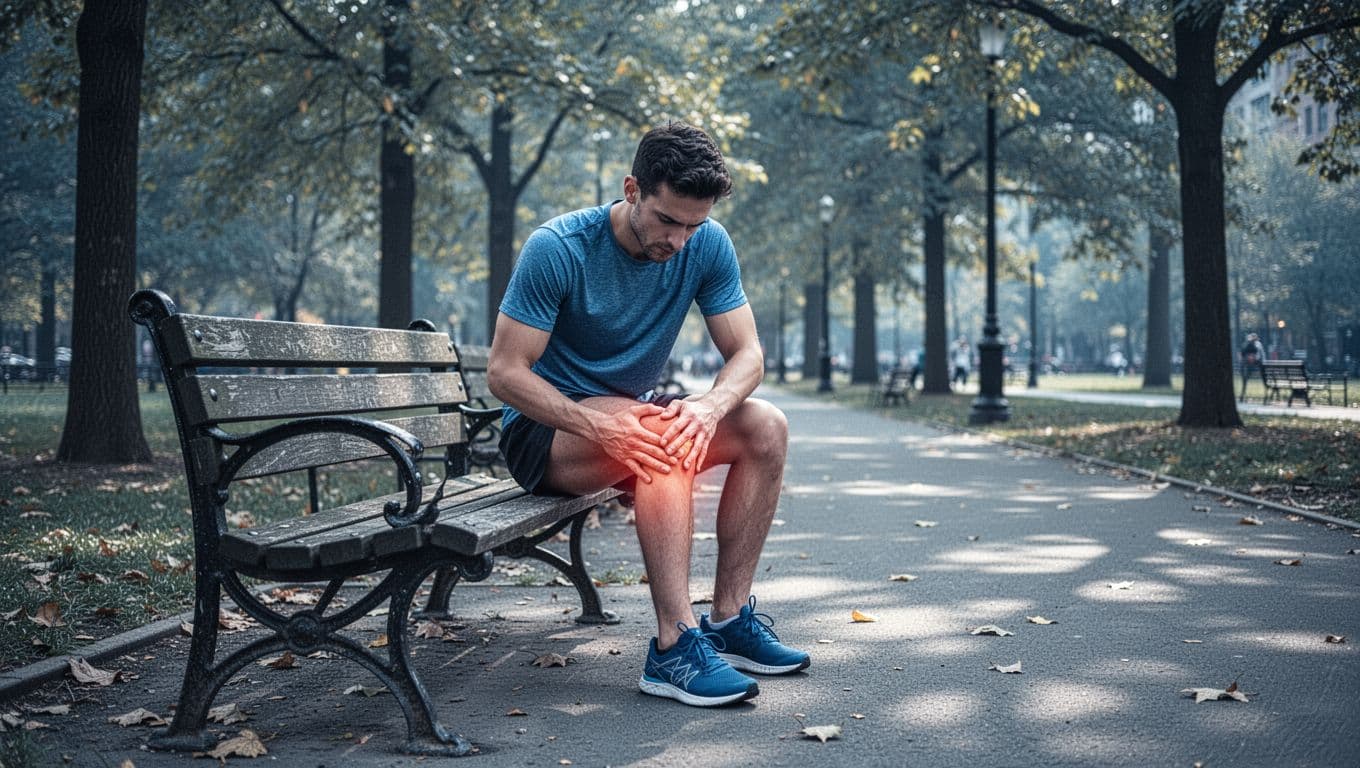 Un coureur assis sur un banc masse son genou douloureux.
