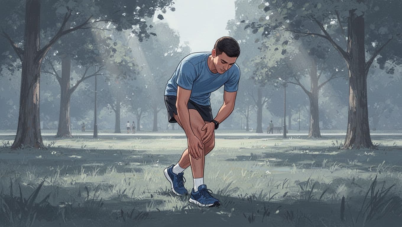 Un coureur s'étire dans un parc en vérifiant son genou.