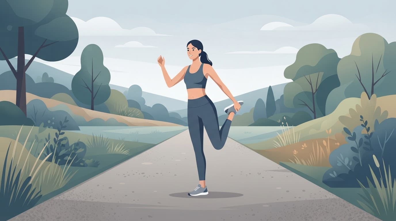 Un coureur s'étire sur un chemin plat et calme.