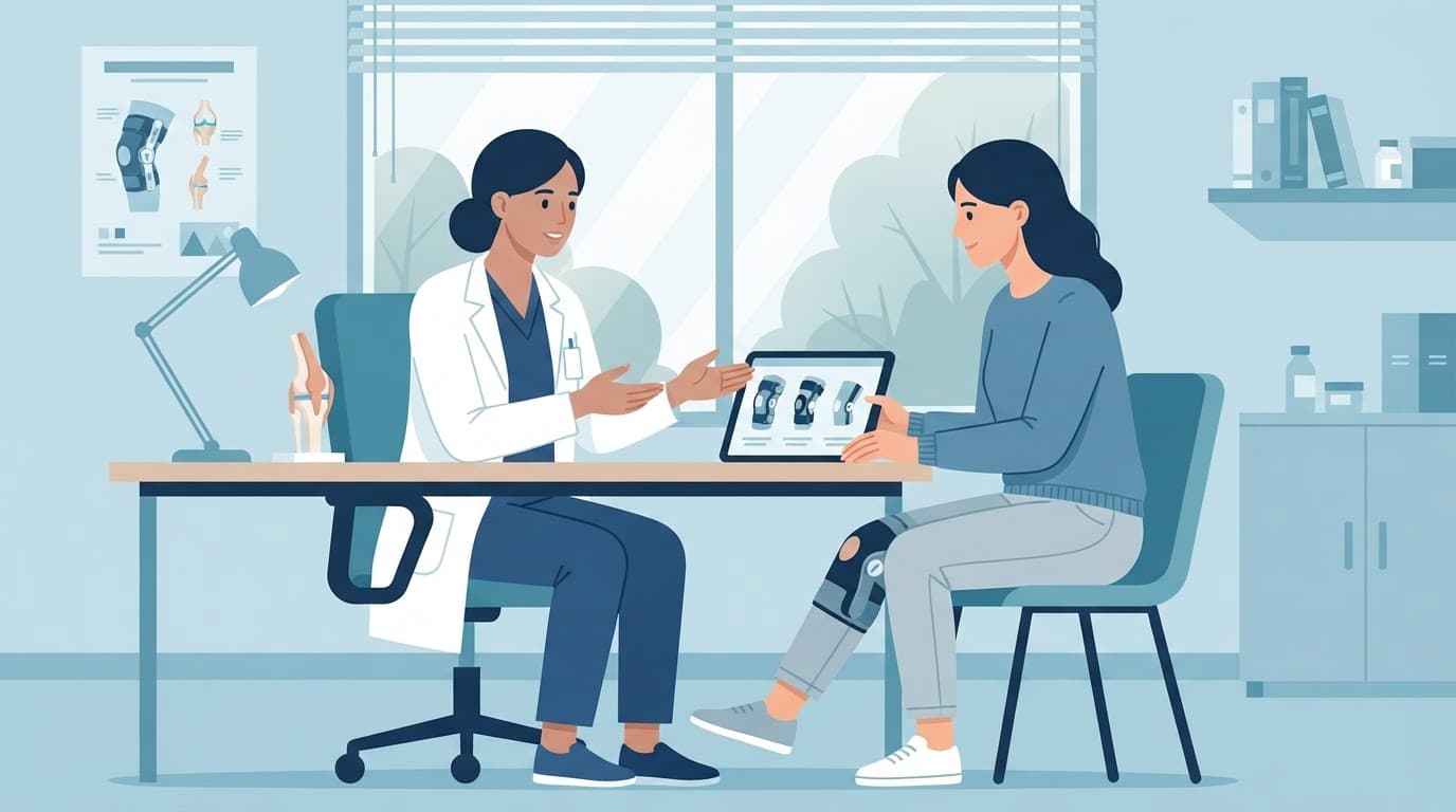 Un patient discute d'une attelle de genou avec une professionnelle de santé.