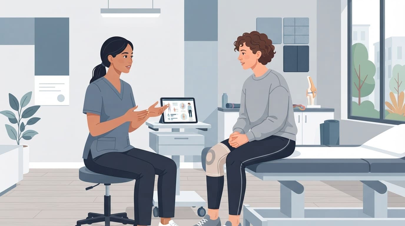 Une personne discute avec une professionnelle de santé au sujet d'une blessure au genou.