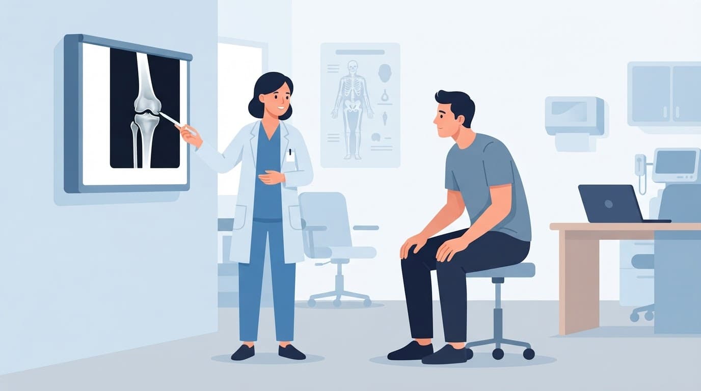 Un médecin et une patiente observent une radiographie du genou dans un cabinet lumineux.